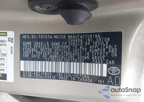 2009 Toyota Corolla Le z USA, uszkodzony, nr VIN 2T1BU40E19C108162